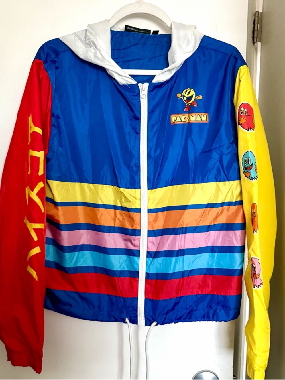Pac-Man WINDBREAKER Jacket Video Game Hoodie Colorblock Mens SIZE M Lightweight